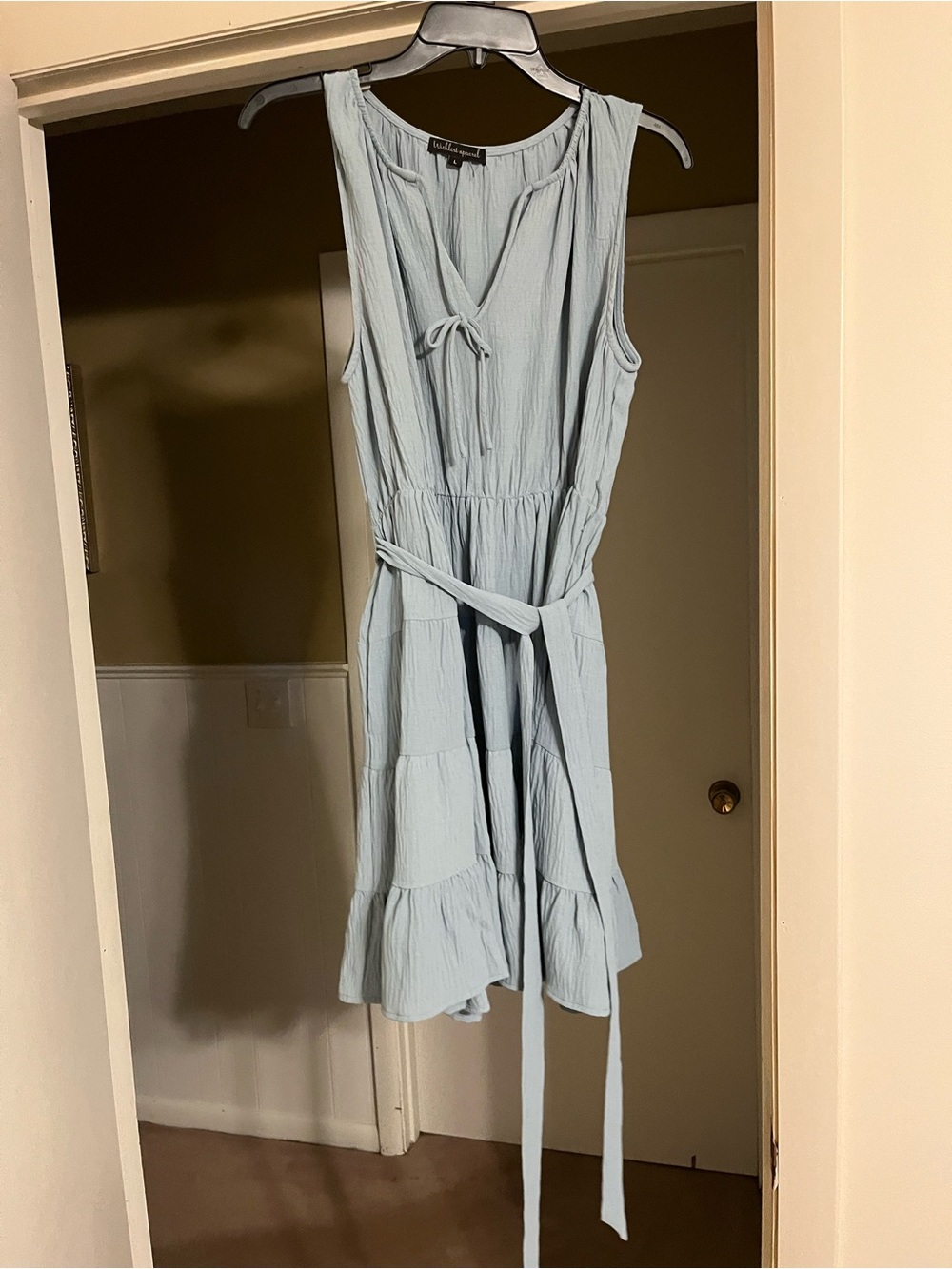 Sleeveless Light Blue Tiered Waist-Tie Dress